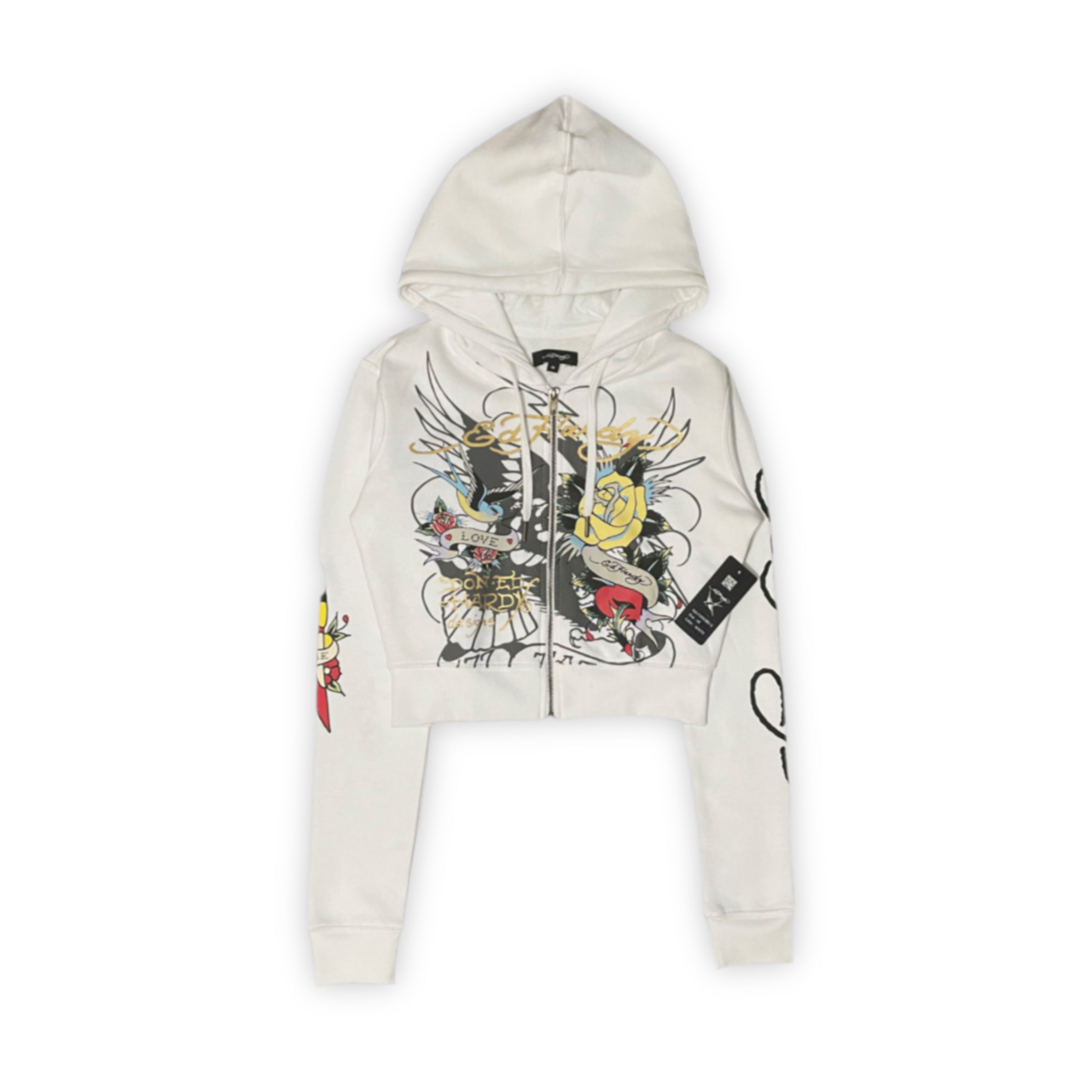 ED HARDY “brave eagle” white cropped zip up hoodie