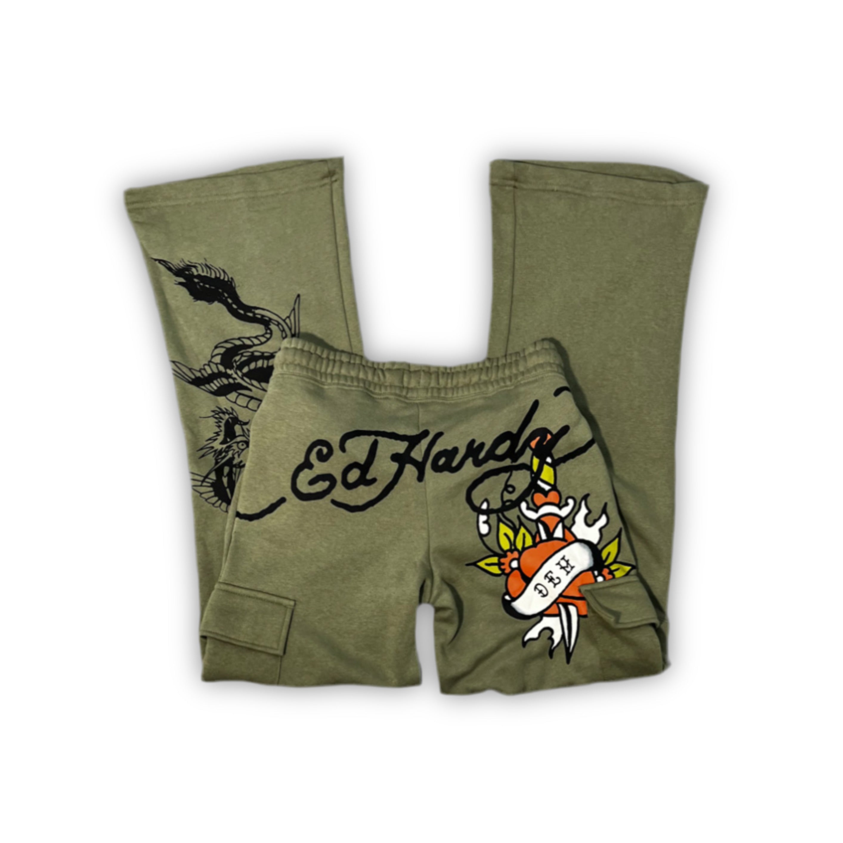 ED HARDY “Dragon Hearts” SAGE FLARED CARGO PANTS