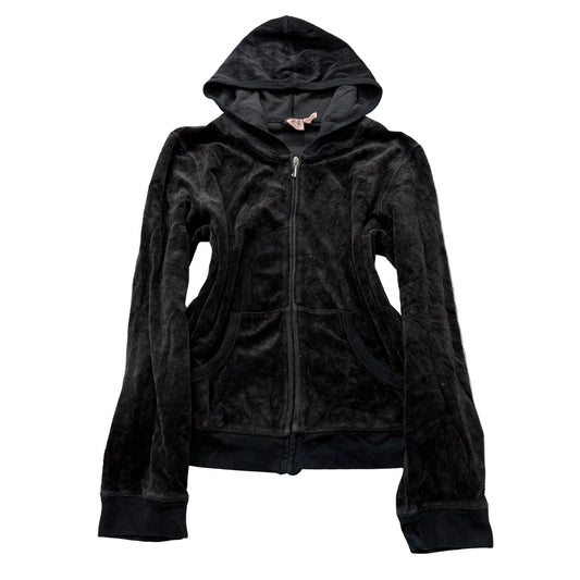 Vintage Juicy Couture Women's Black Velour Zip-Up Hoodie Pockets Classic Size L