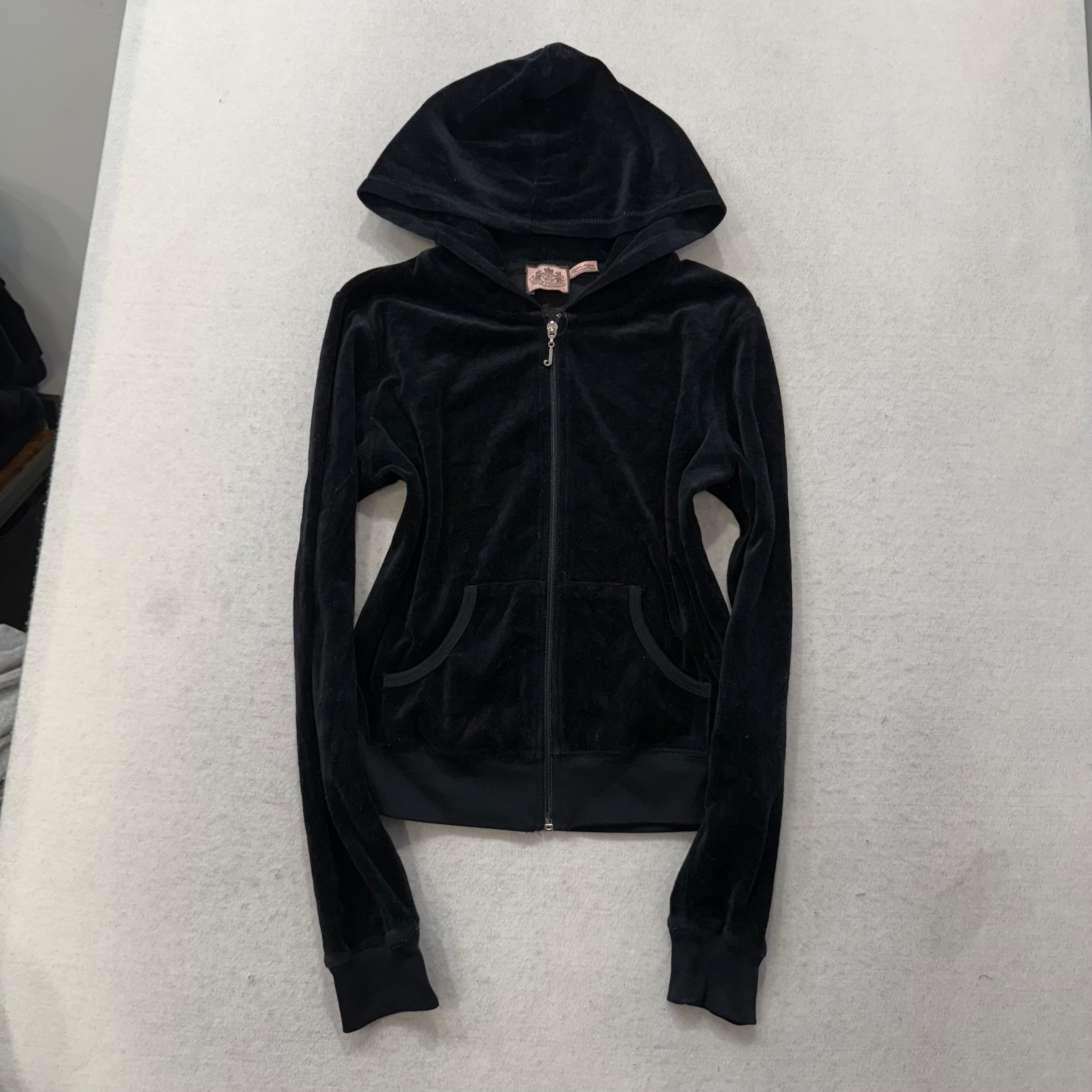 Juicy Couture Black Velour Tracksuit Set Zip Up Hoodie & Straight Pants Size L