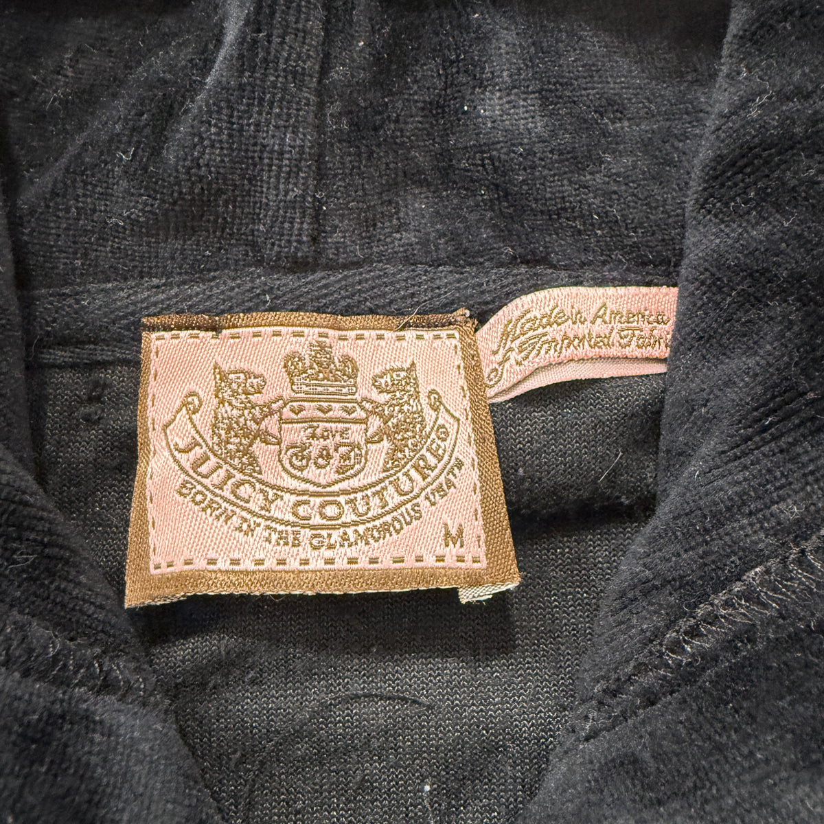 Juicy Couture Women Black Velour Zip-Up Hoodie Drawstring Pockets Classic Size M