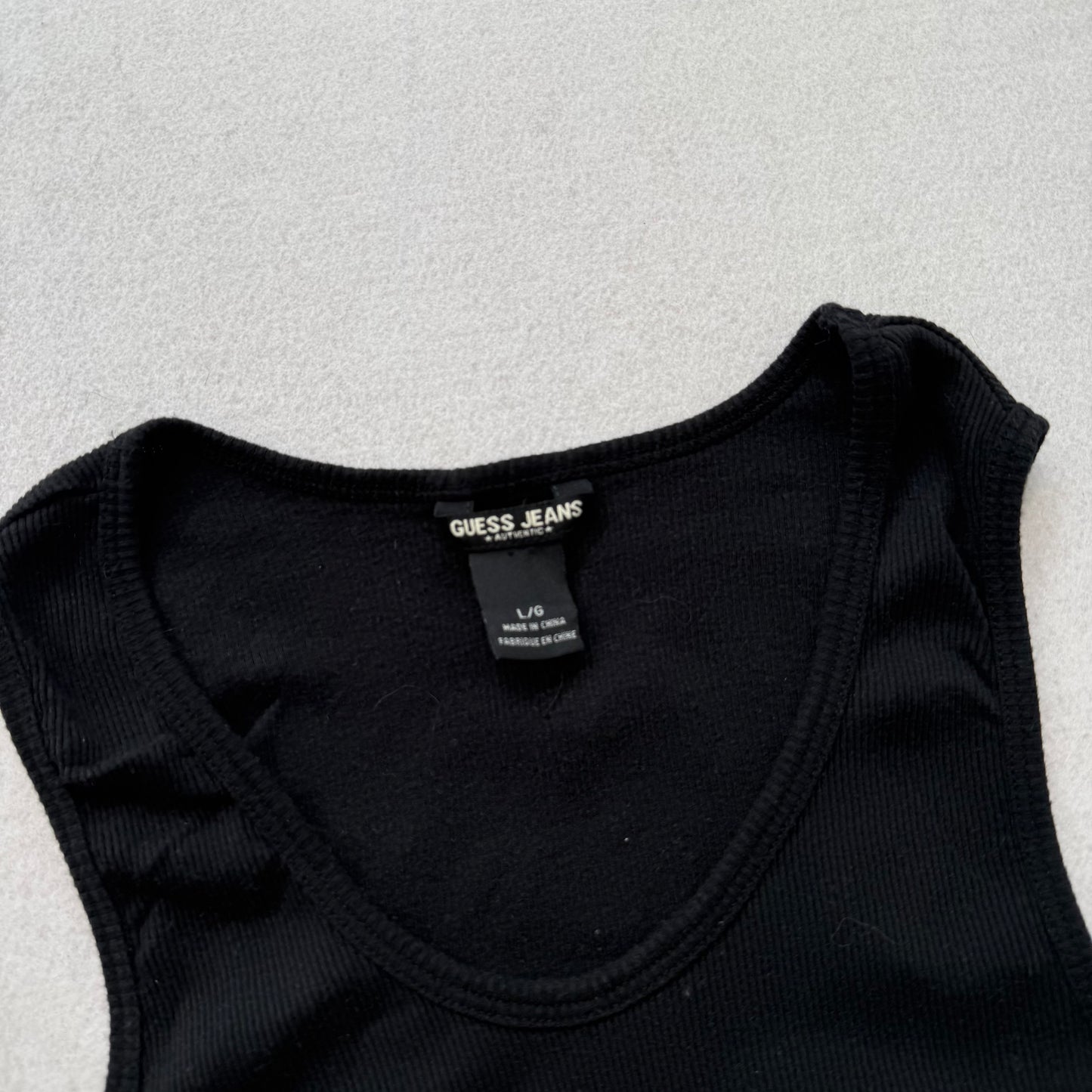 Guess Jeans Womens Black Cotton Blend Ribbed Tank Top Graphic Logo Preppy Size L