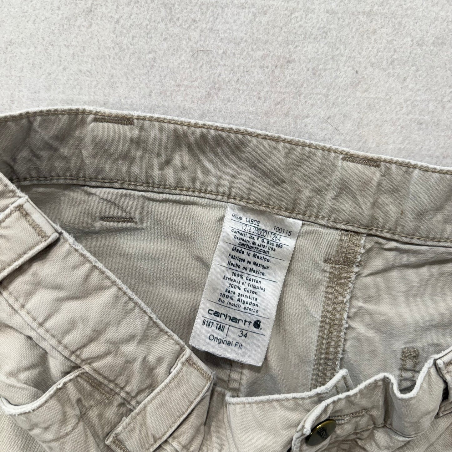 Carhartt Mens Tan Cotton Loose Fit Carpenter Shorts Utility Pockets Logo Size 34