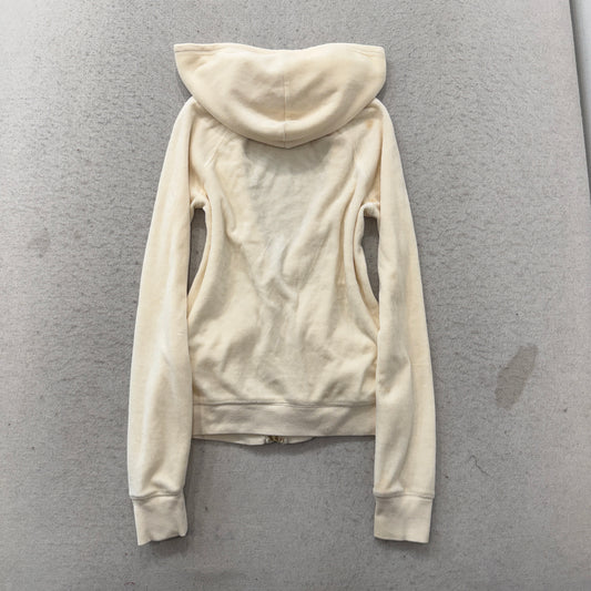Juicy Couture Women's Cream Velour Zip-Up Hoodie Pockets Gold Chain Trim Size P