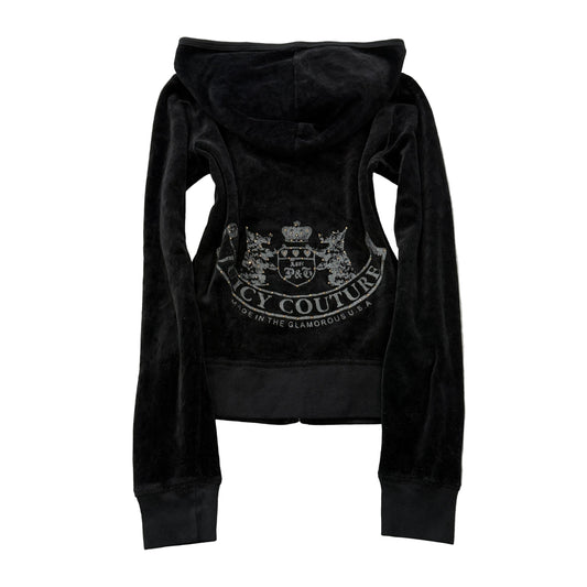 Vintage Juicy Couture Women's Black Velour Full Zip Hoodie Pockets Casual Size S