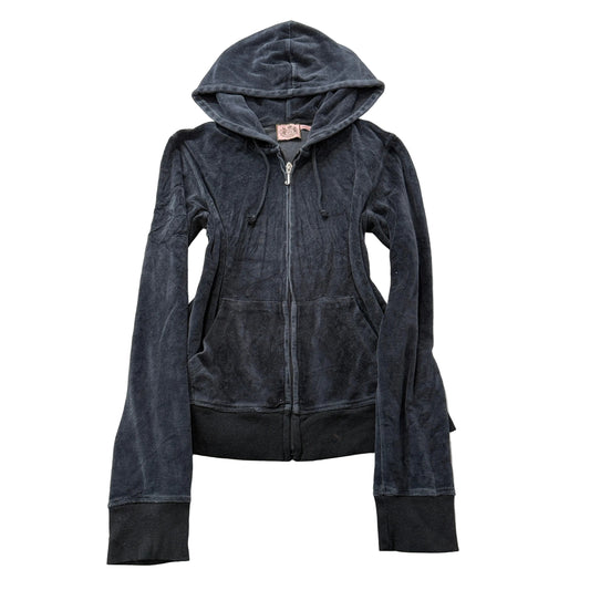 Vintage Juicy Couture Women Charcoal Gray Velour Zip-Up Hoodie Drawstring Size L