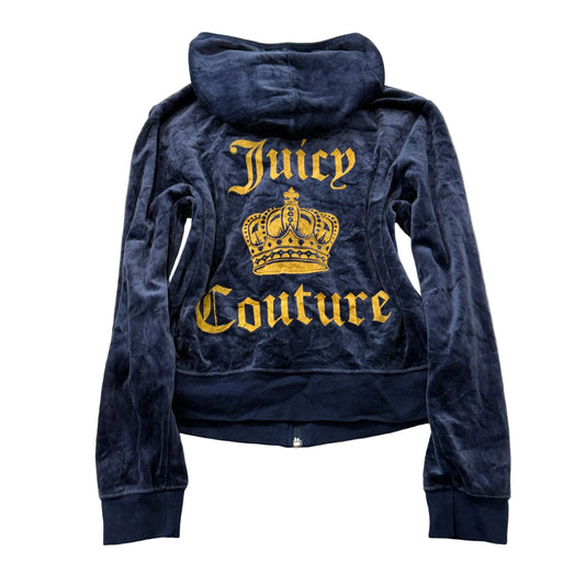 Juicy Couture Womens Navy Blue Velour Zip-Up Hoodie Crown Graphic Classic Size M