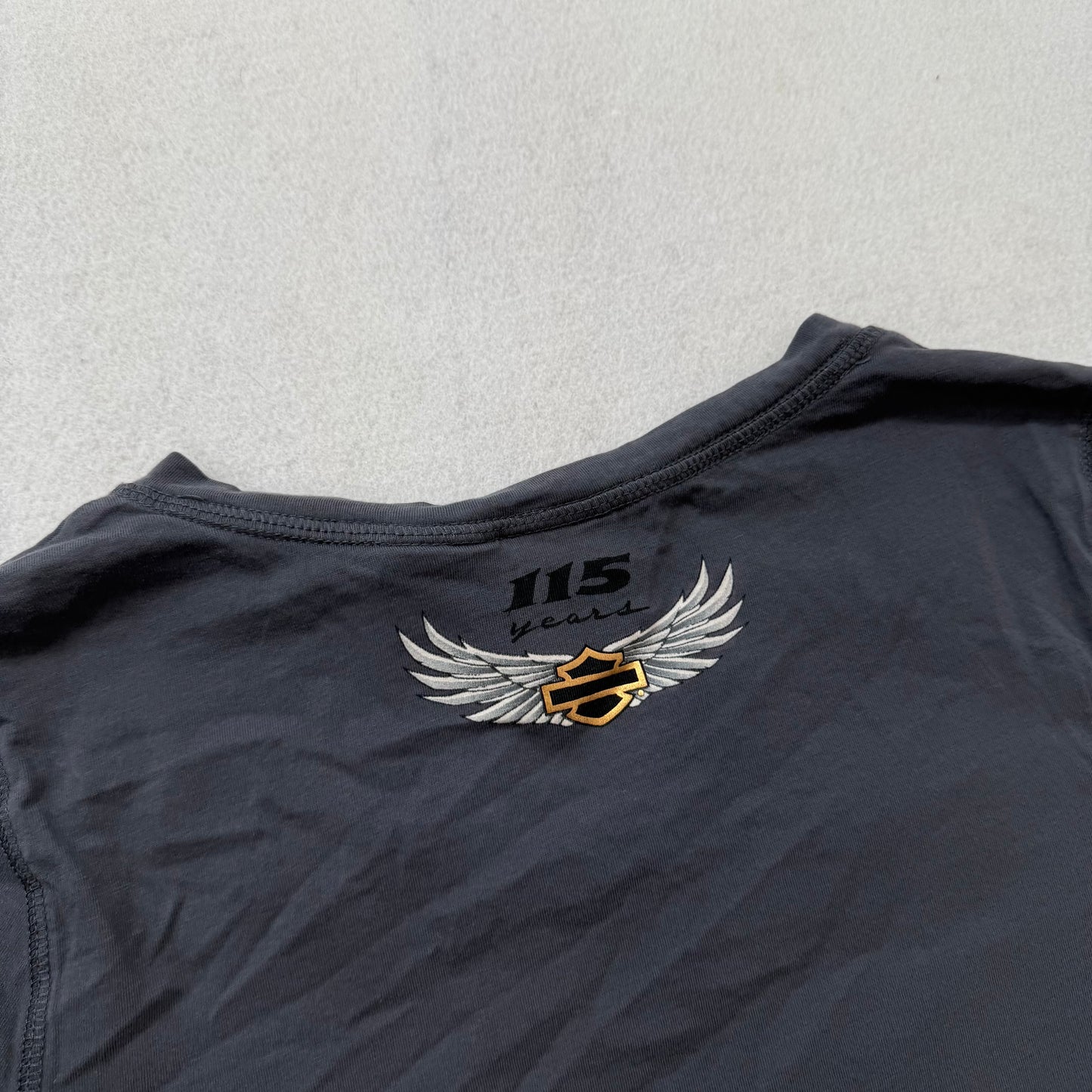 Harley-Davidson 115th Anniversary Women's Dark Gray Notch Neck T-Shirt Size S