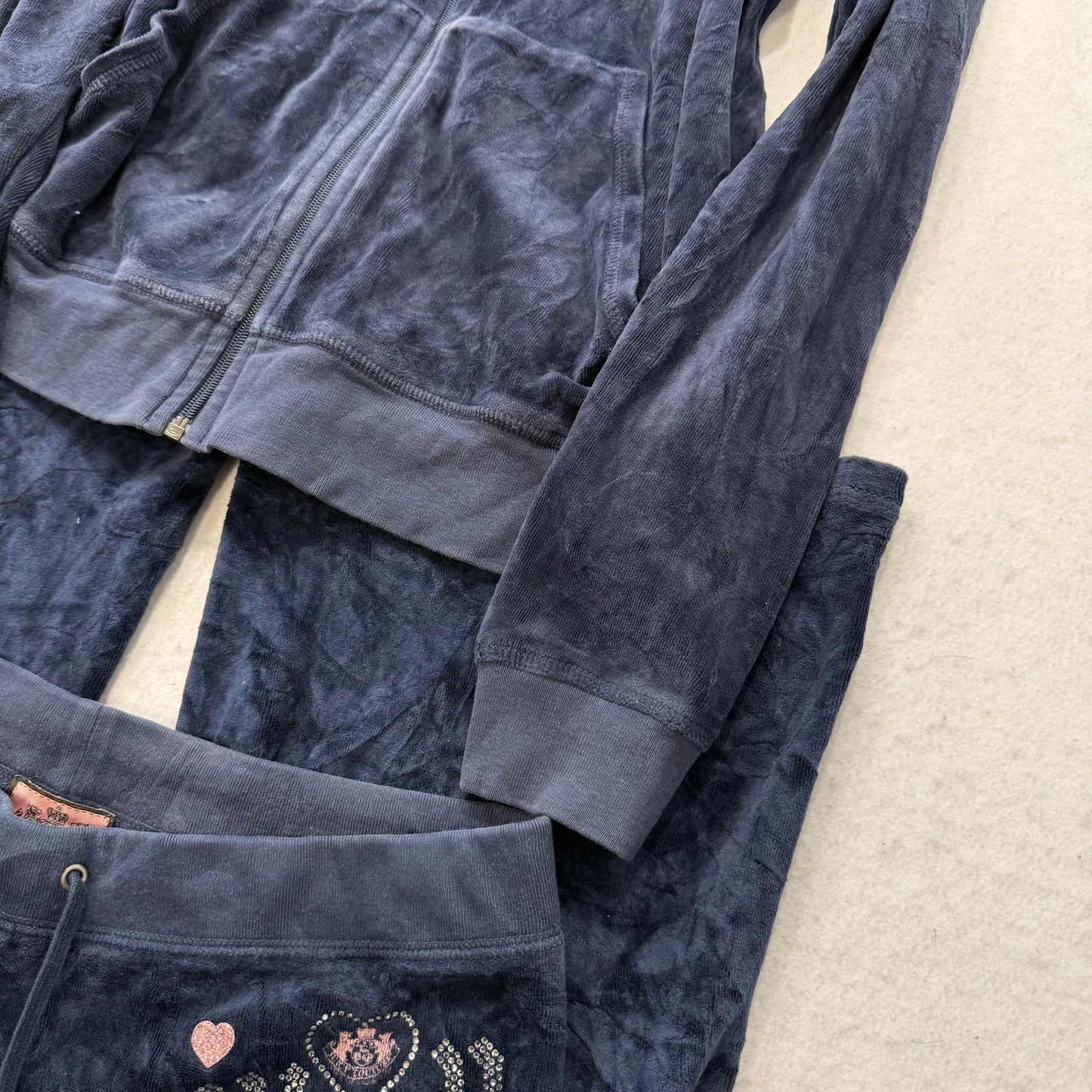 Juicy Couture Navy Velour Tracksuit Set Zip-Up Hoodie & Flared Pant Logo Size S