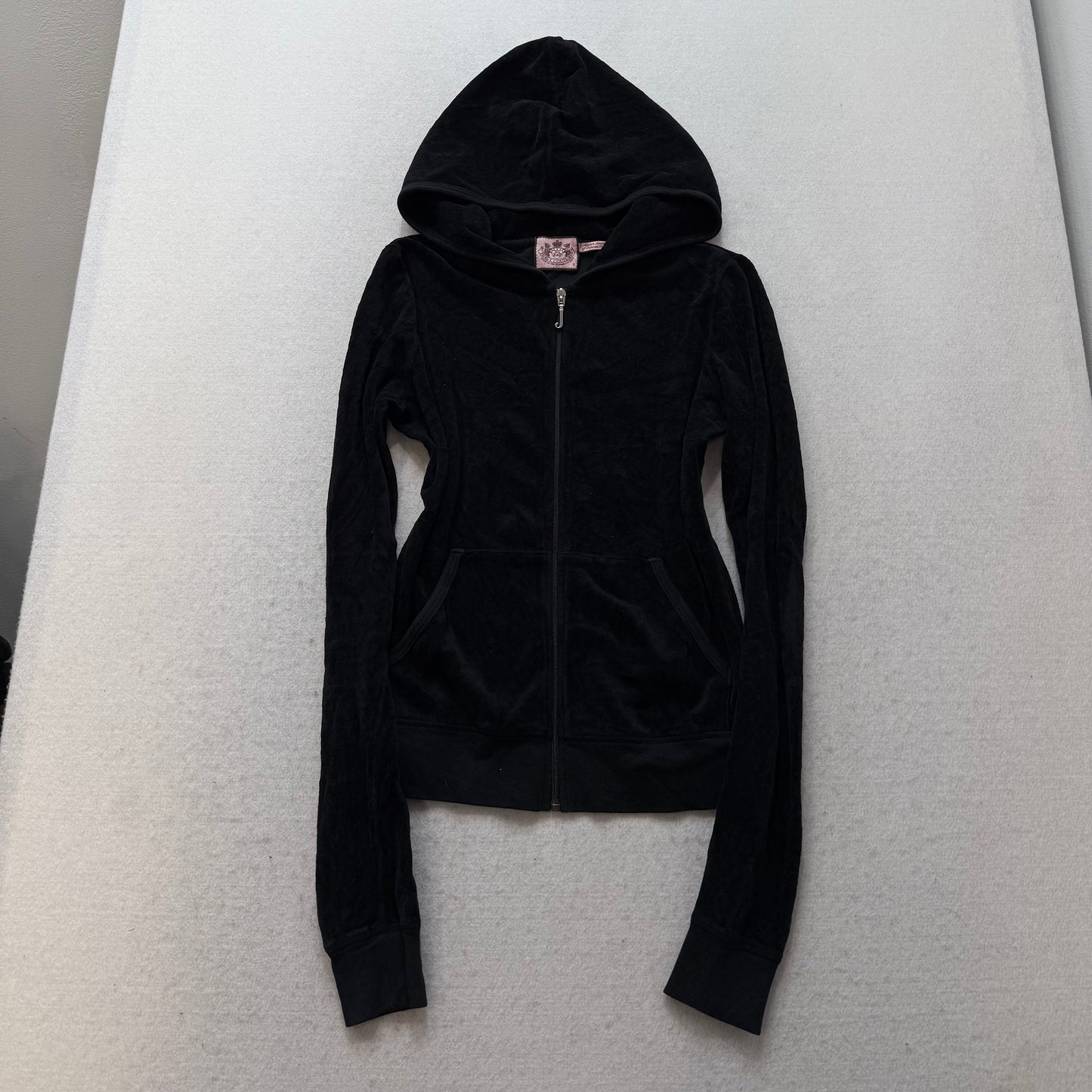 Vintage Juicy Couture Women's Black Velour Zip Up Hoodie Rhinestones Logo Size S