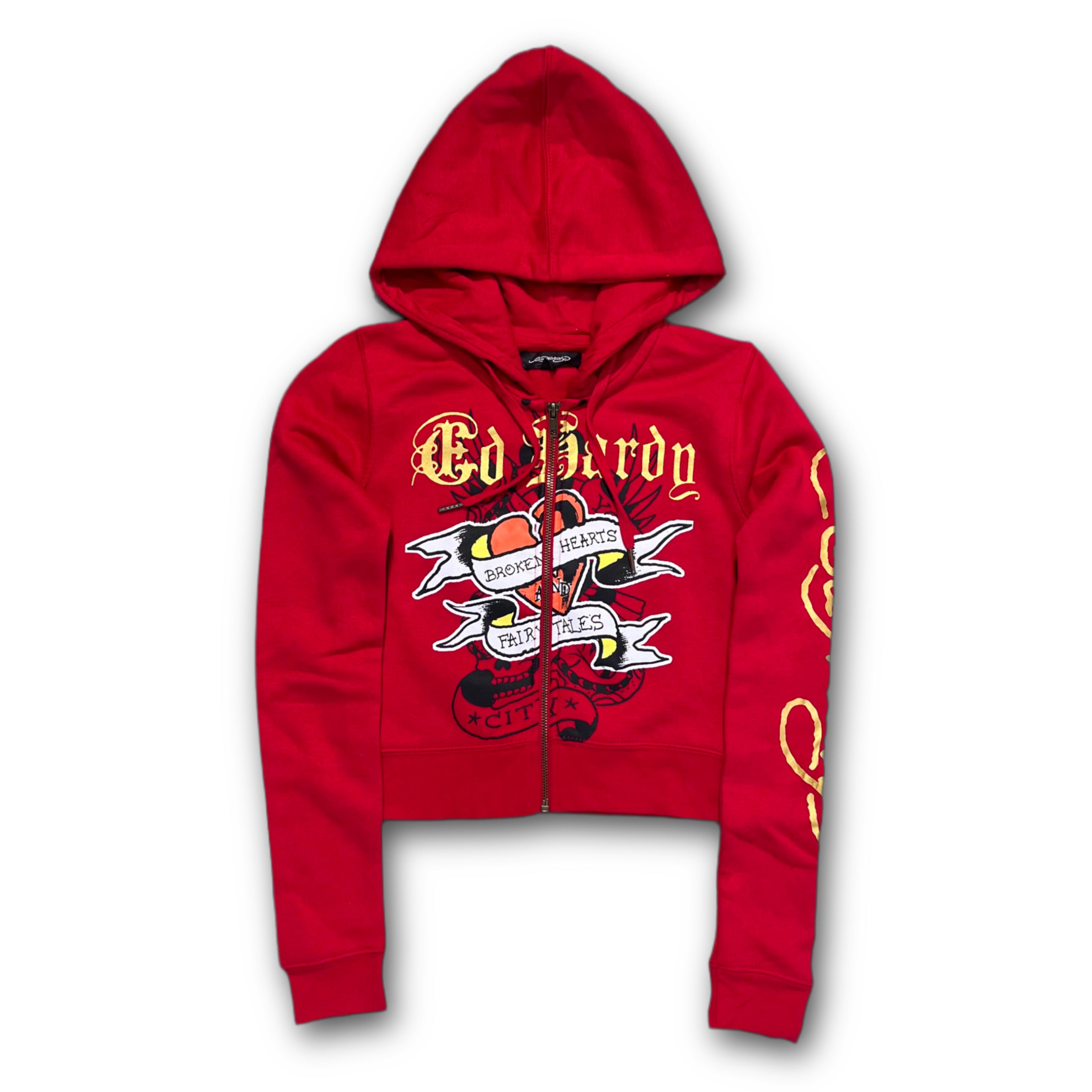 ED HARDY “Broken Hearts” RED CROPPED ZIP UP HOODIE - Clean Curriculums 