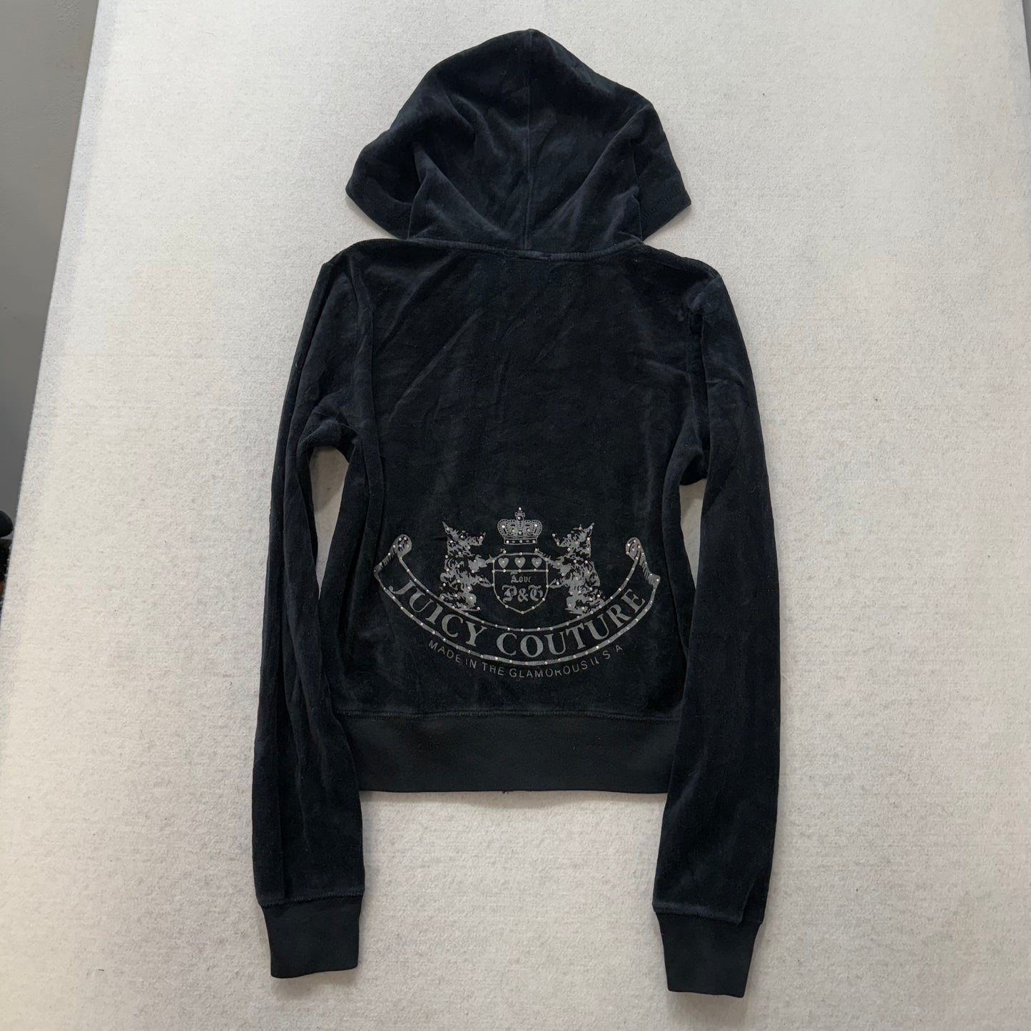 Juicy Couture Black Velour Tracksuit Set Zip Up Hoodie & Flared Pant Logo Size M