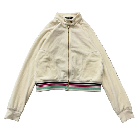 Juicy Couture Women's Ivory Velour Zip-Up Jacket High Collar Striped Hem Size S