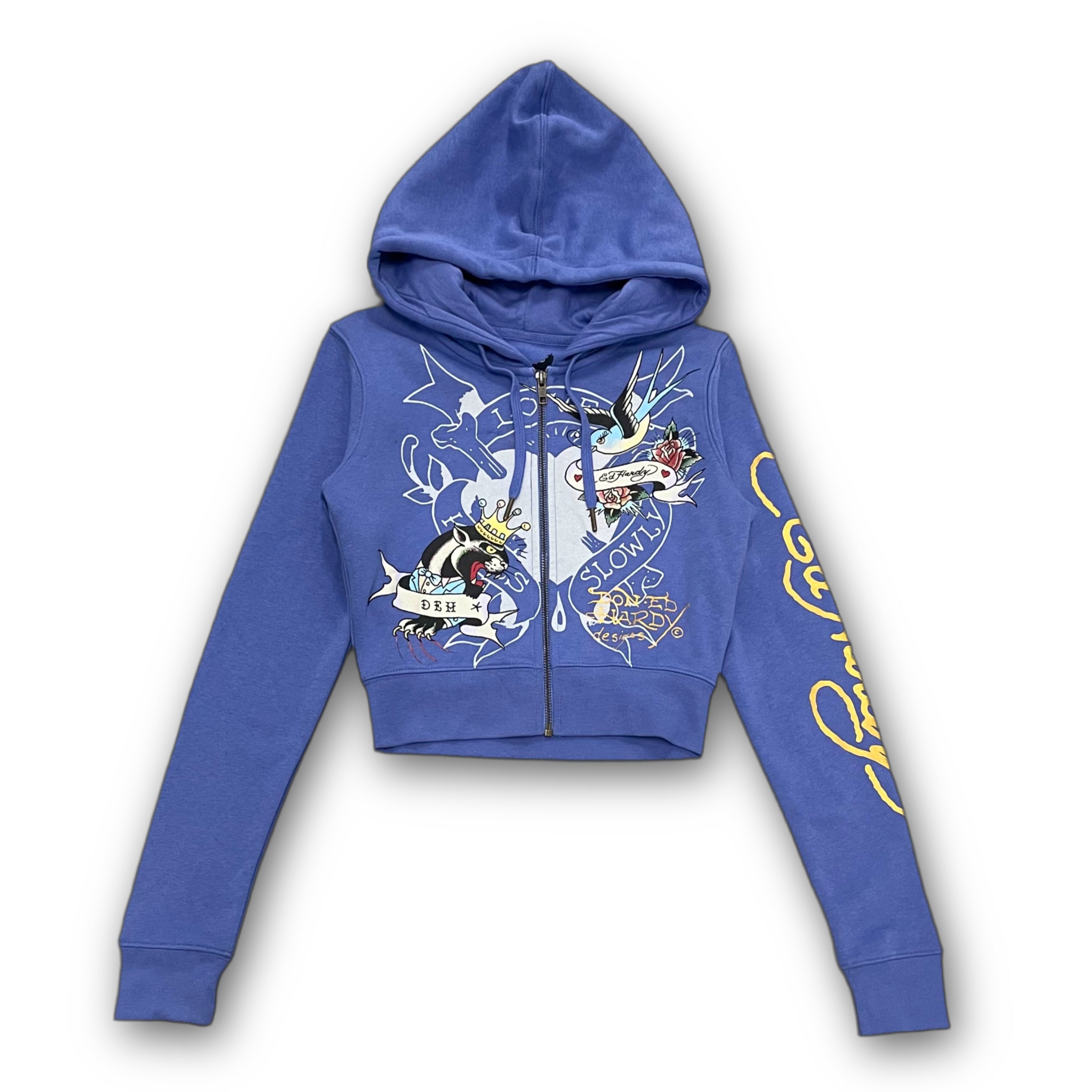 ED HARDY “Free Bird” BLUE CROPPED ZIP UP HOODIE