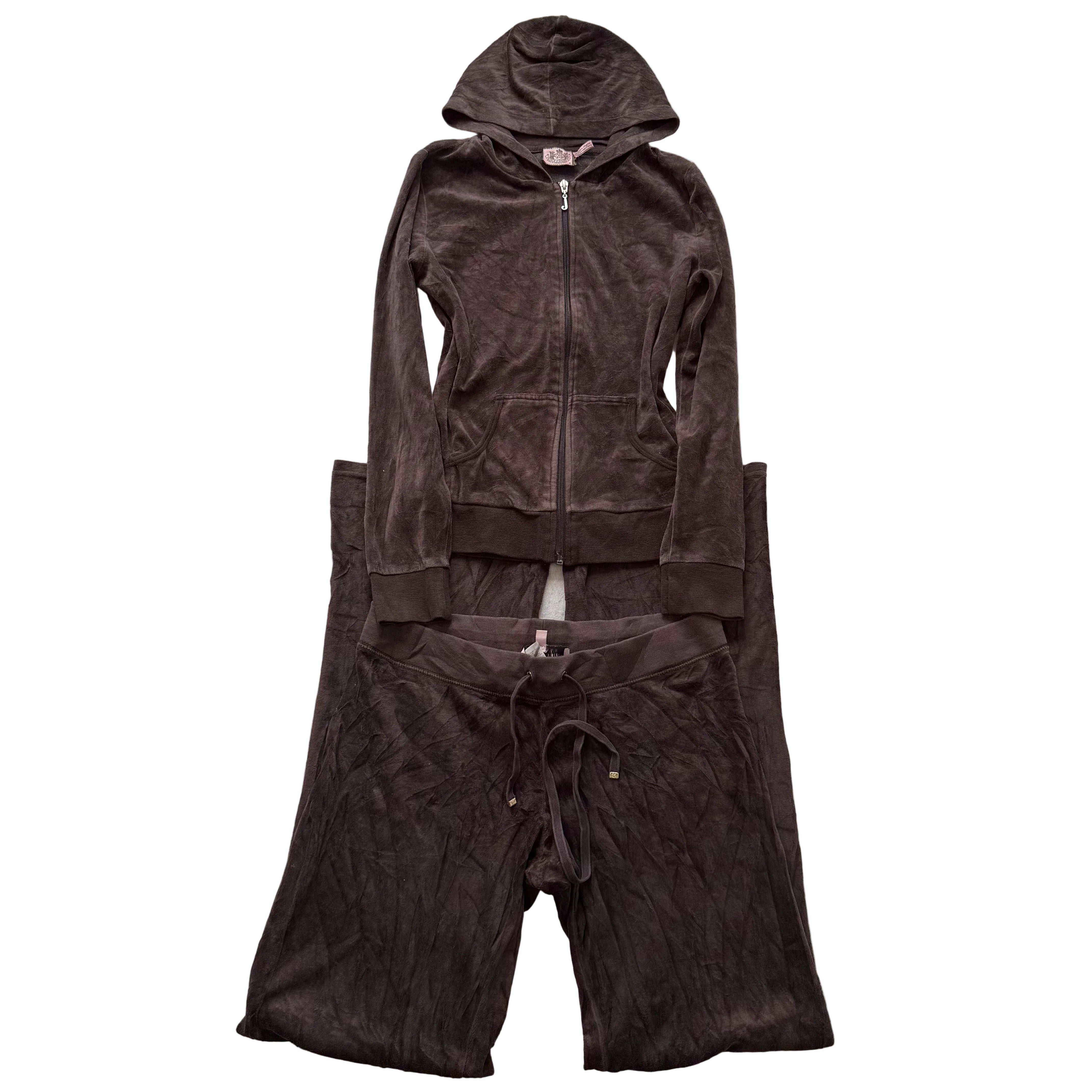 Juicy Couture Brown Velour Tracksuit Set Zip Up Hoodie & Flared Pant Y2K Size M