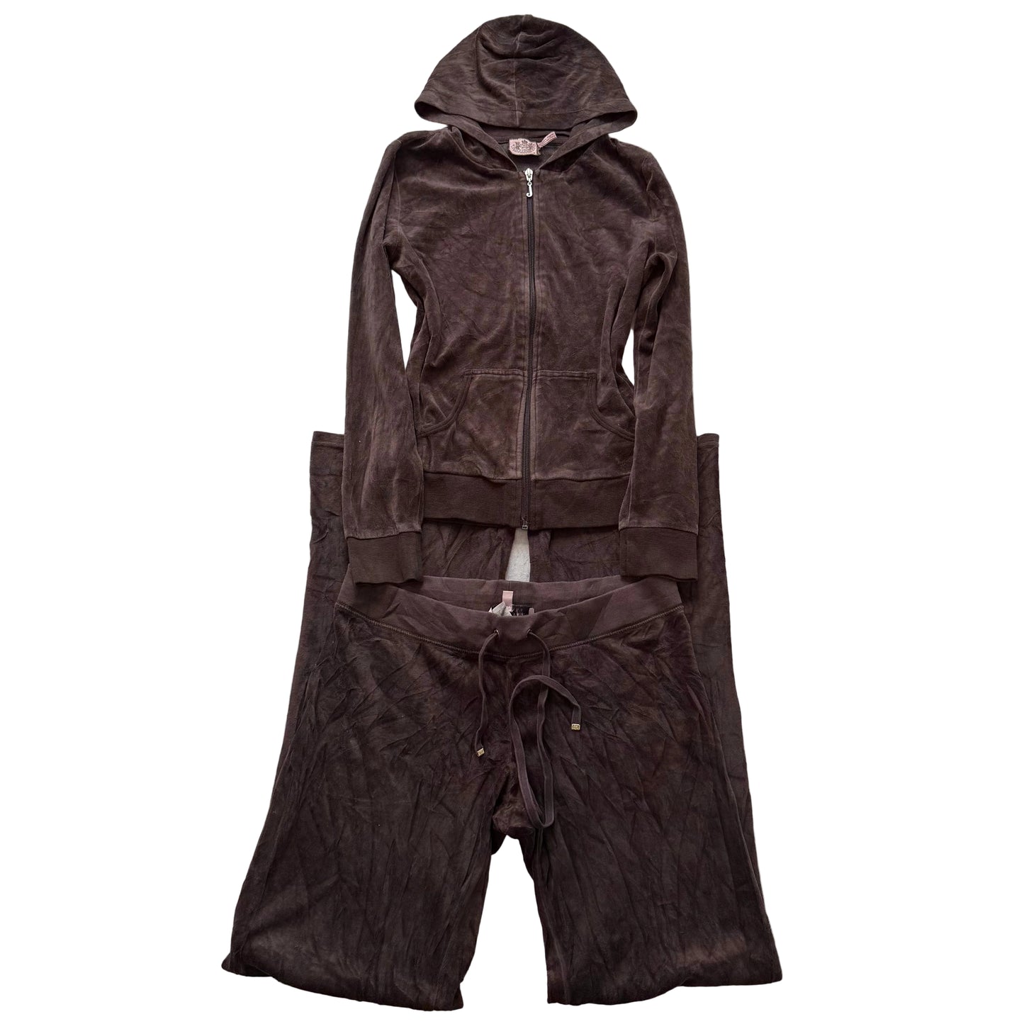 Juicy Couture Brown Velour Tracksuit Set Zip Up Hoodie & Flared Pant Y2K Size M