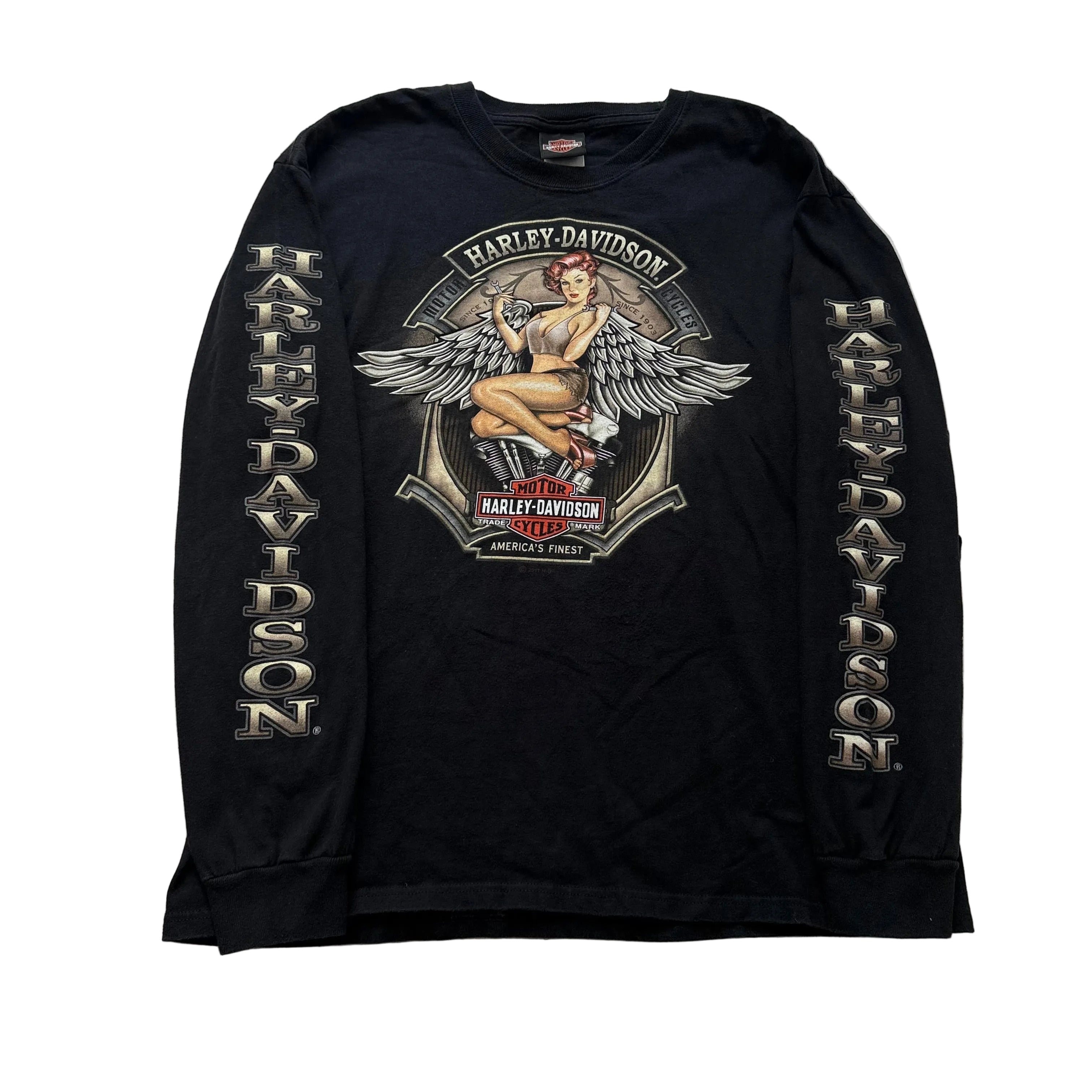 Harley-Davidson Pinup Winged Angel Girl Men's Black Long Sleeve T-Shirt Size L