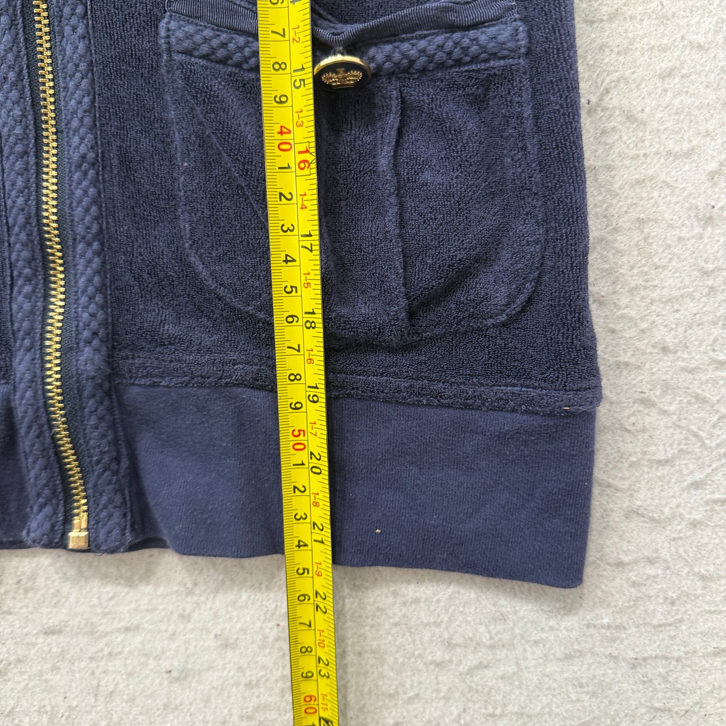 Juicy Couture Women's Navy Blue Velour Half Sleeve Zip-Up Hoodie Pockets Size M