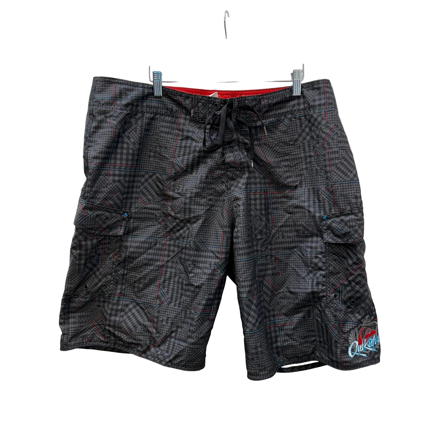 Quiksilver Men Gray Black Plaid Polyester Cargo Swim Shorts Cargo Pocket Size 38