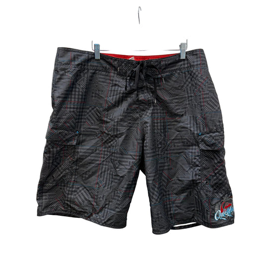 Quiksilver Men Gray Black Plaid Polyester Cargo Swim Shorts Cargo Pocket Size 38