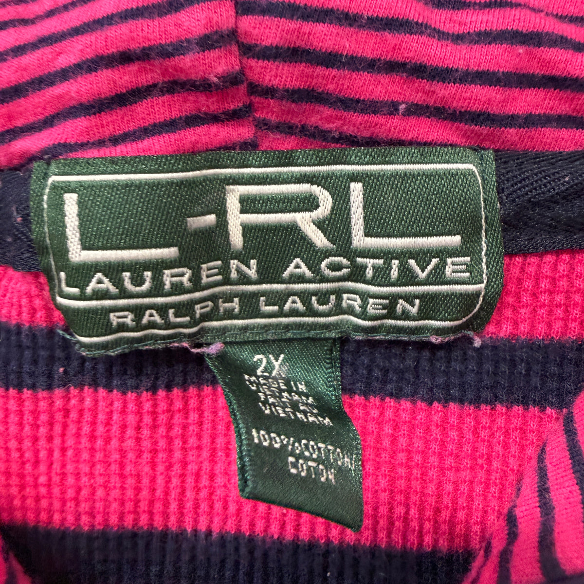 Lauren Active Ralph Lauren Pink Navy Striped Thermal Henley Hoodie Size XXL photo 3