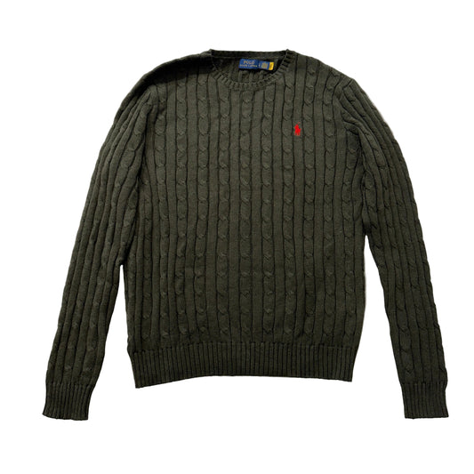 Polo Ralph Lauren Men's Olive Green Cable-Knit Sweater Crewneck Logo Size L