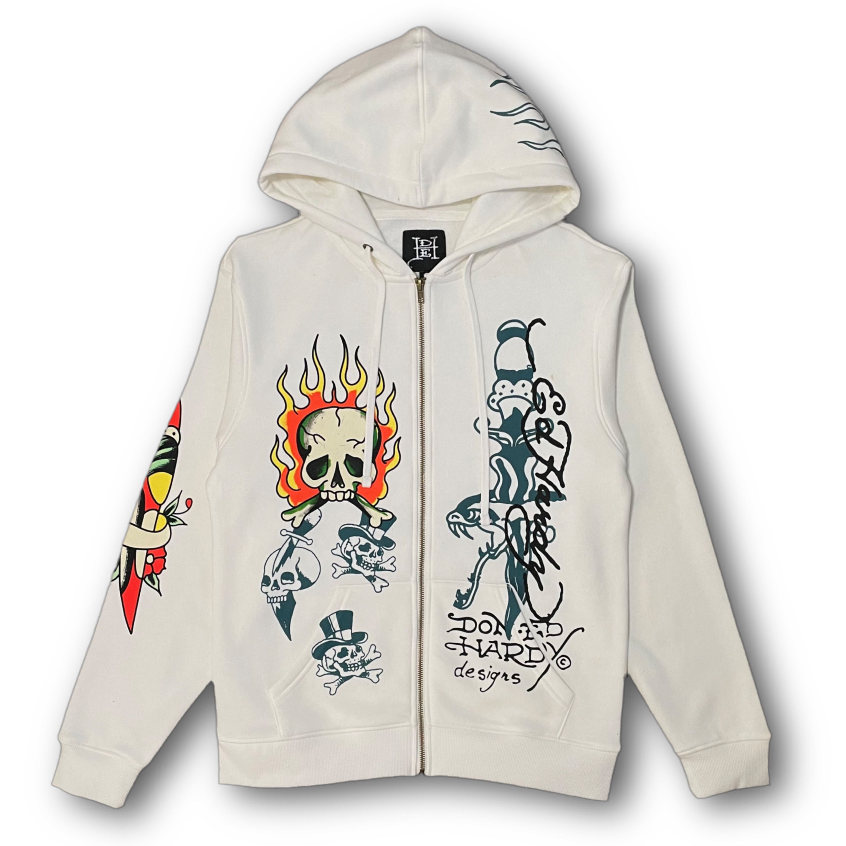 ED HARDY “flaming skull” WHITE ZIP UP HOODIE