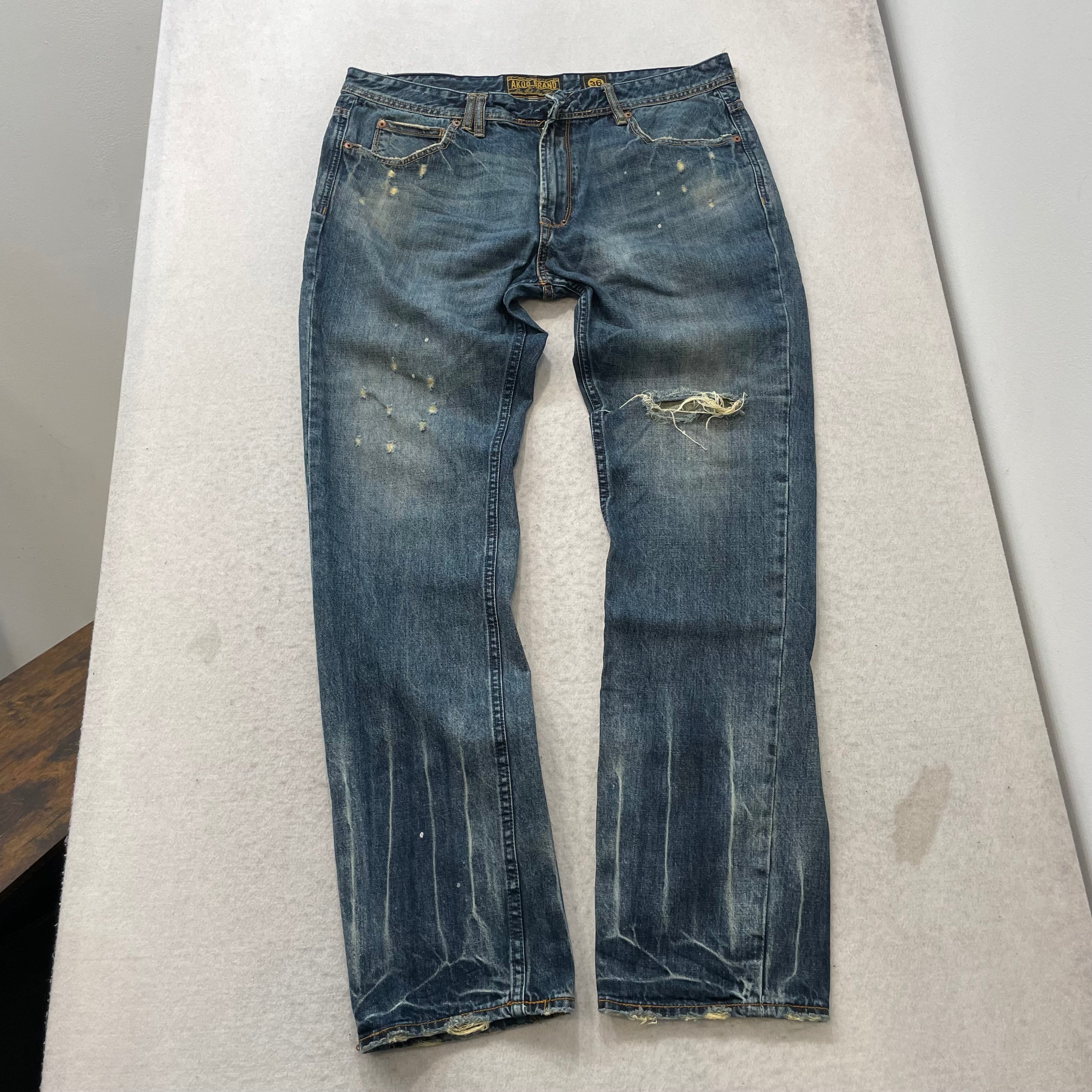 Akoo Brand Men's Blue Straight-Leg Distressed Ripped Knee Denim Jeans Size 36