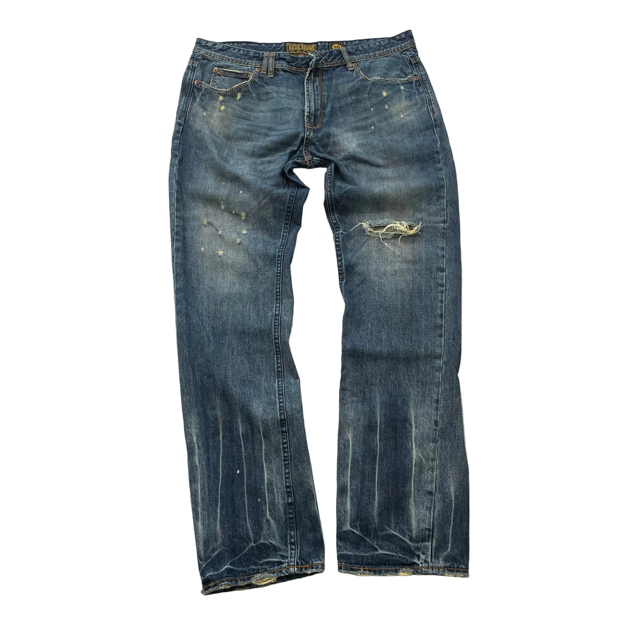 Akoo Brand Men's Blue Straight-Leg Distressed Ripped Knee Denim Jeans Size 36