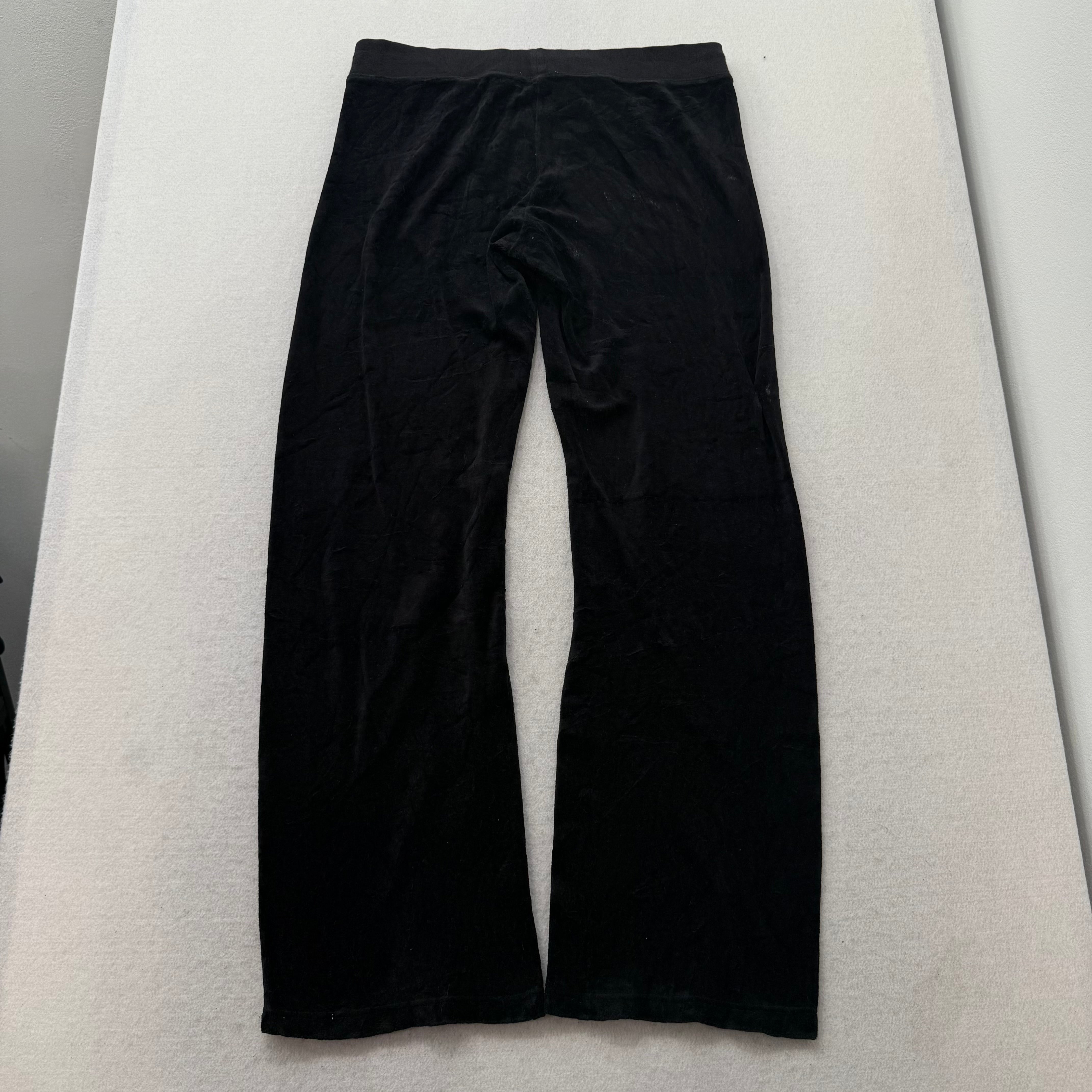 Juicy Couture Women Black Velour Flared Track Pant Rhinestones Crown Logo Size M