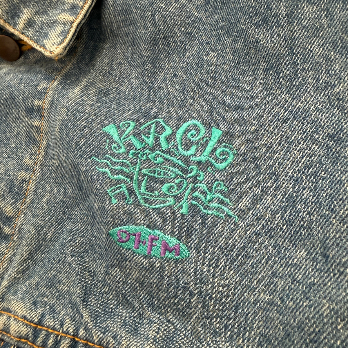 Baleman Jeans Vintage KRCL Embroidered Denim Trucker Jacket Size S photo 6