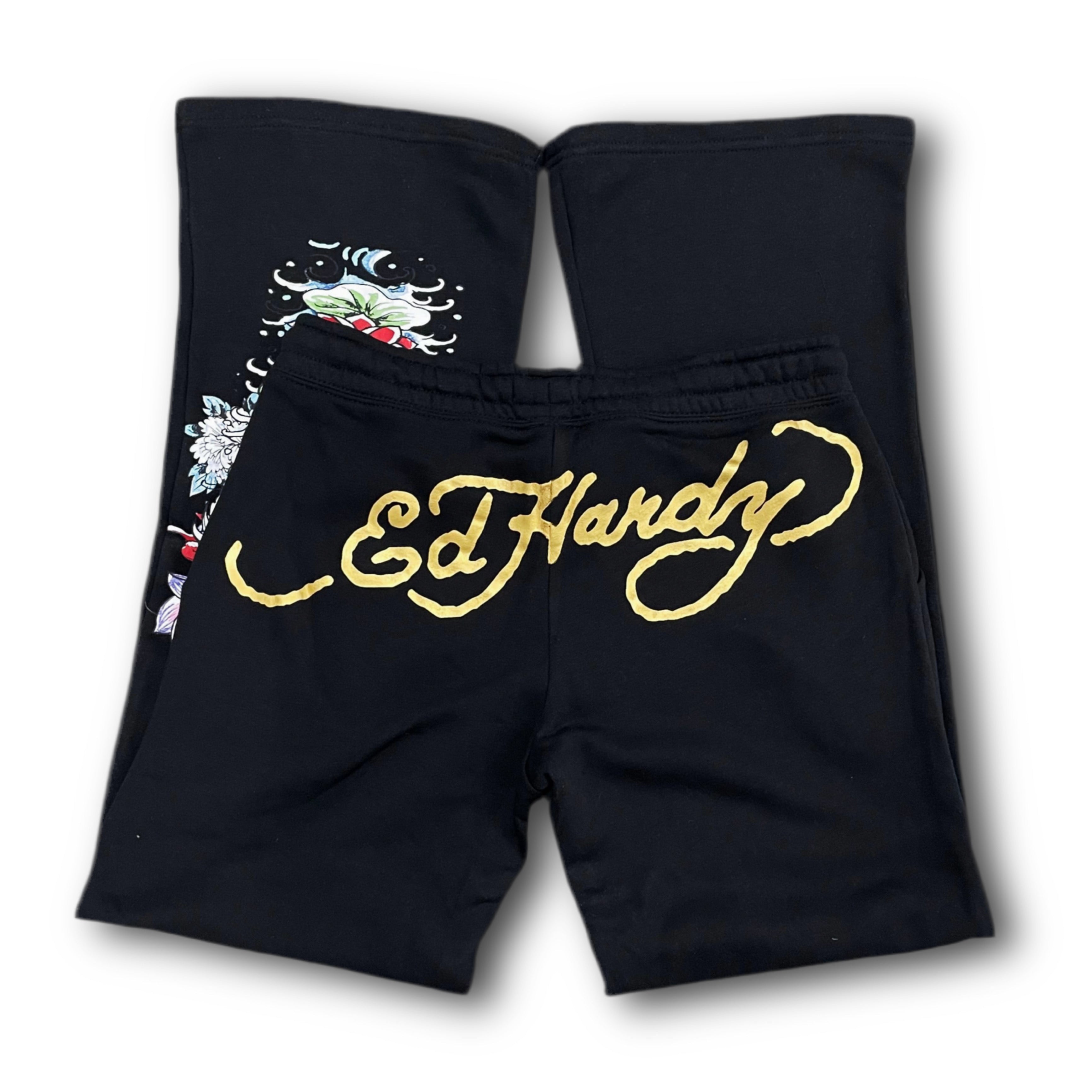 ED HARDY “Tiger Lotus” BLACK FLARE PANTS
