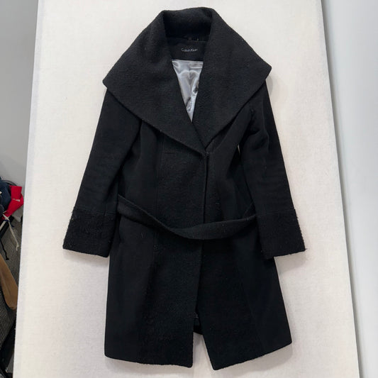 Calvin Klein Black Wool Blend Wrap Style Long Coat With Wide Collar Size 8
