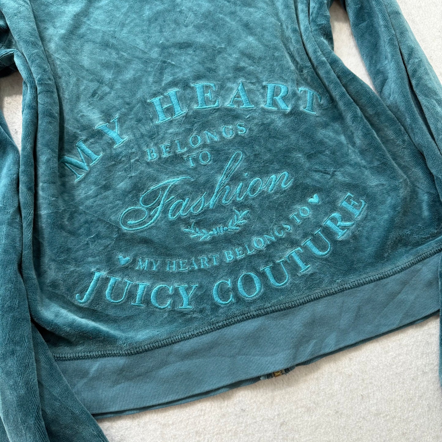 Juicy Couture Women's Dark Teal Velour Zip Up Hoodie Embroidered Logo Size XL