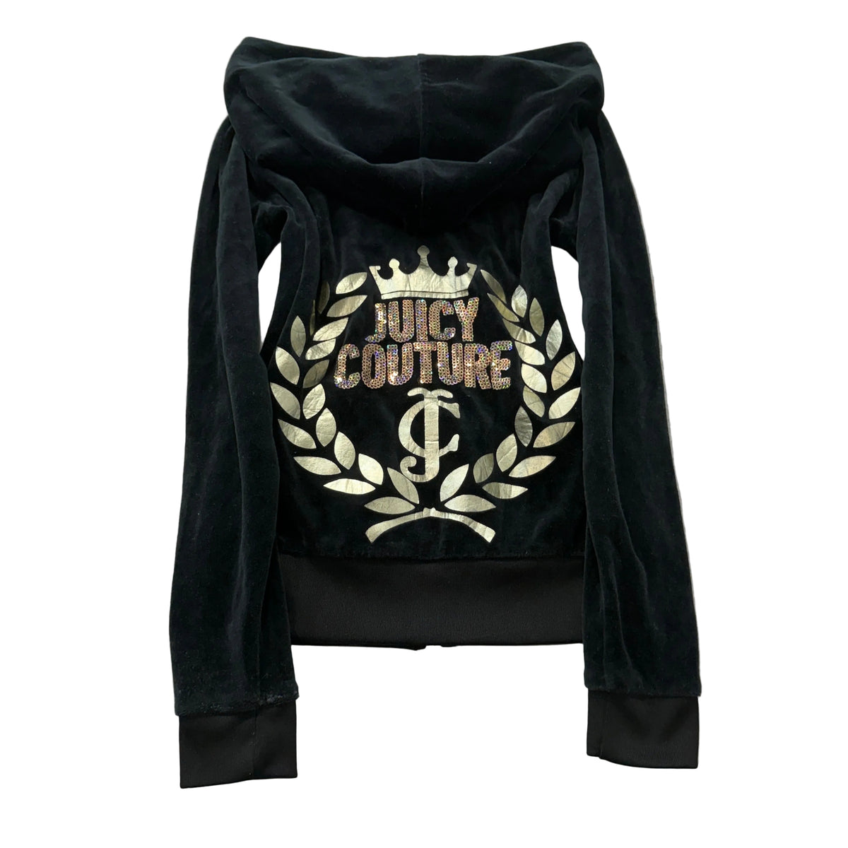 Juicy Couture Womens Black Velour Zip-Up Hoodie Pockets Rhinestone Crest Size XS