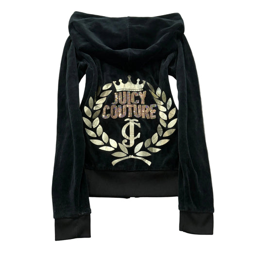 Juicy Couture Womens Black Velour Zip-Up Hoodie Pockets Rhinestone Crest Size XS