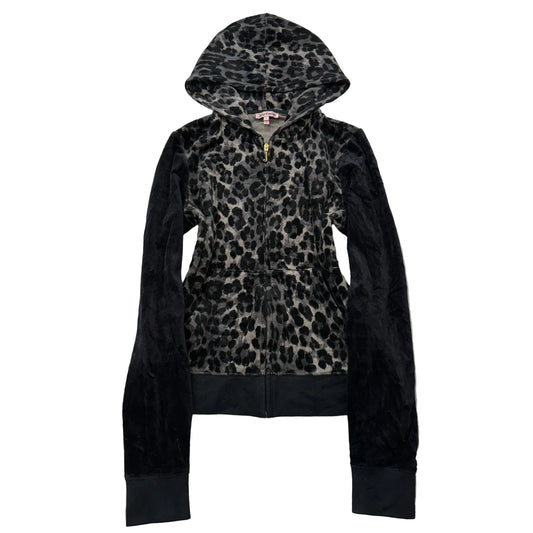 Juicy Couture Women's Black Velour Zip-Up Hoodie Leopard Print Pockets Size L