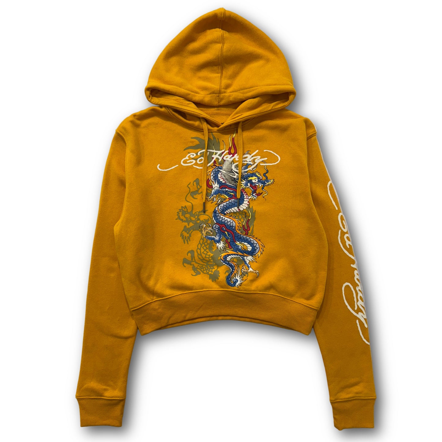 ED HARDY “Dragon” GOLDEN YELLOW CROPPED PULLOVER HOODIE - Clean Curriculums 