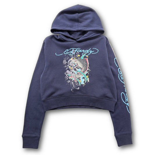 ED HARDY “Koi Fish” NAVY CROPPED PULLOVER HOODIE - Clean Curriculums 