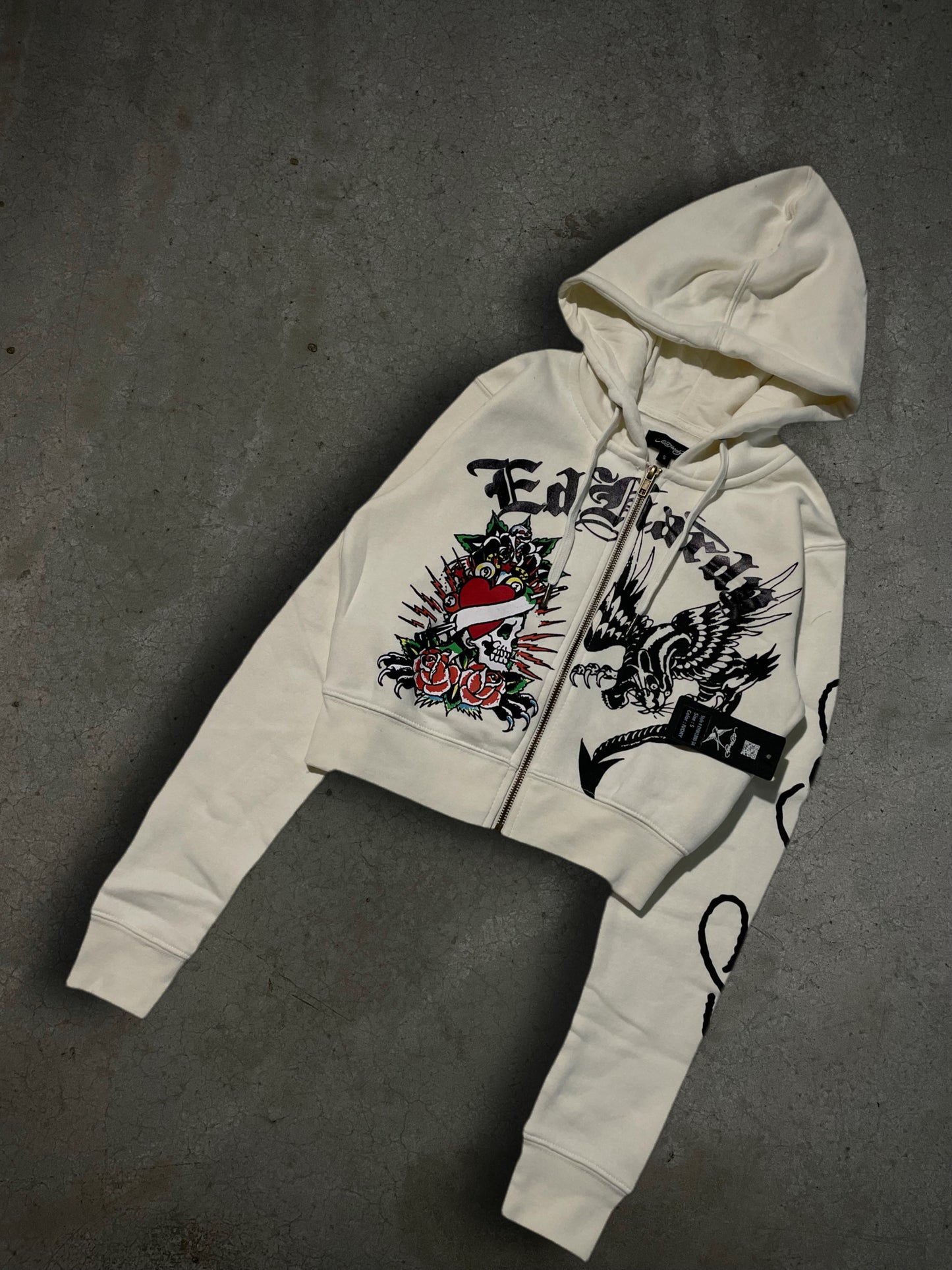 ED HARDY “DRAGON HEART” IVORY CROPPED ZIP UP HOODIE - Clean Curriculums 