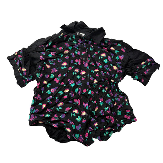 Gina Peters Vintage Floral Button Up Shirt Women's Black Rayon Short Sleeve Size S photo 1