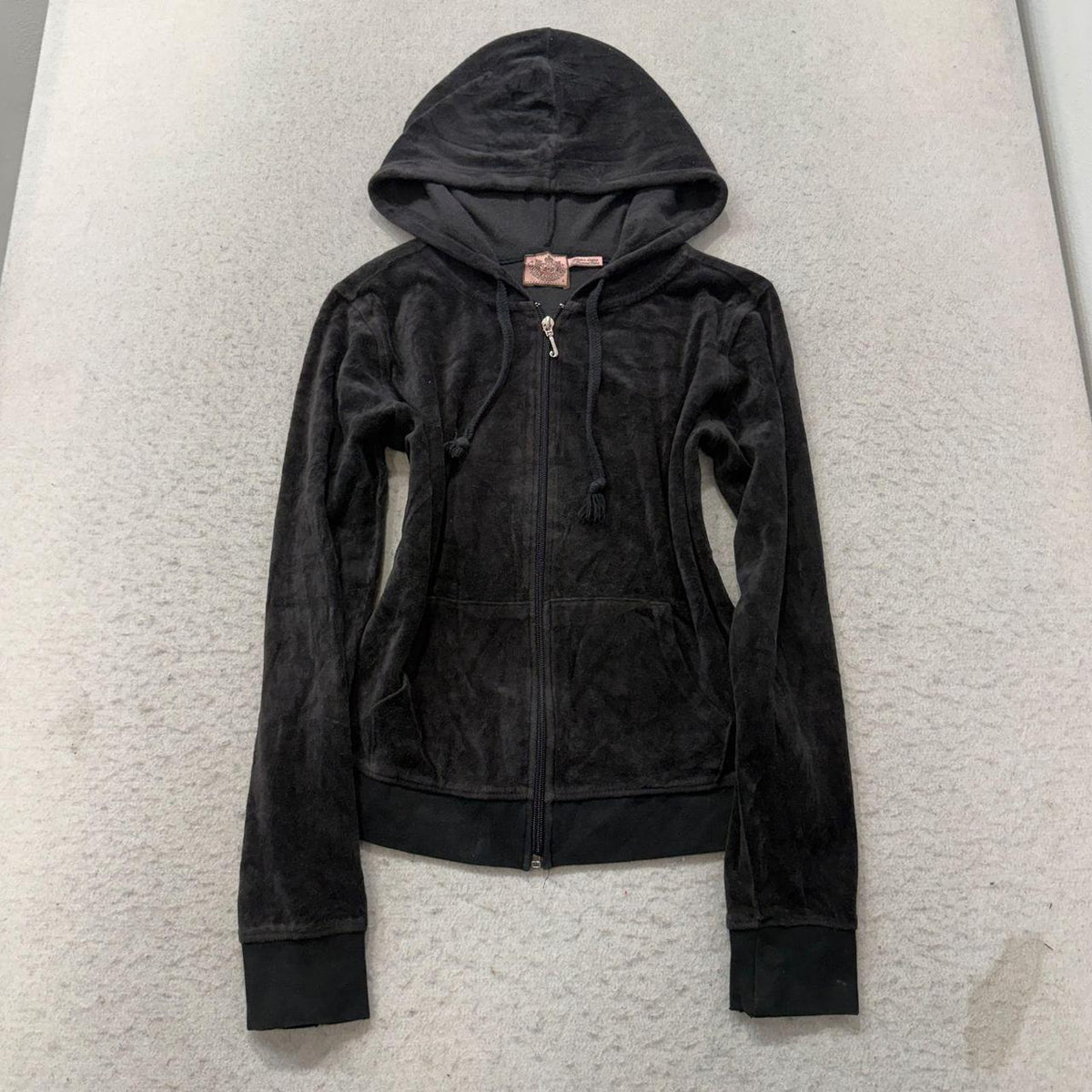 Vintage Y2K 2000's Women's Juicy Couture Charcoal Grey Boxy Zip Up Velour Hoodie