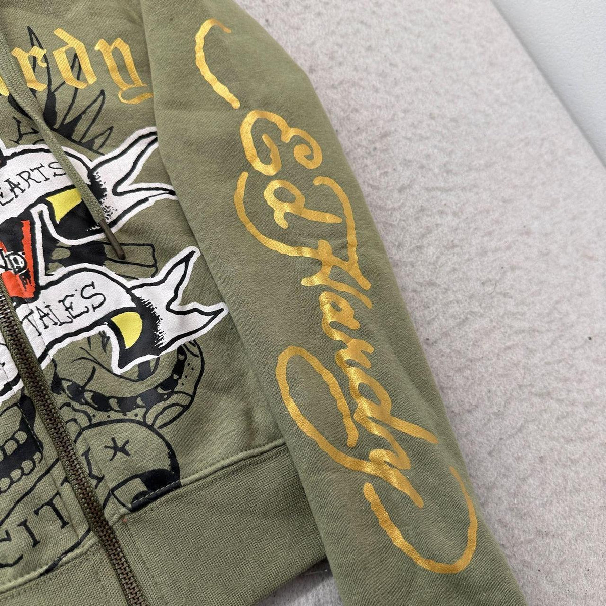 Vintage Y2K 2000's Ed Hardy Sage Green Faded Graphic Zip Up Cropped Hoodie