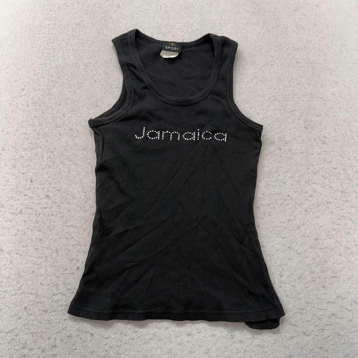 Vintage Y2K 2000's Women's Black Graphic Rhinestone Jamaica Tank Top