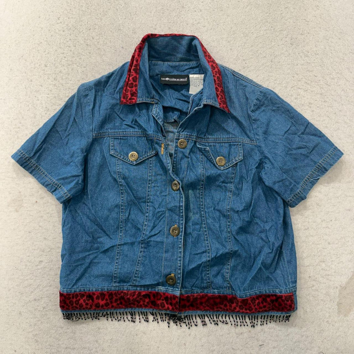 Vintage Y2K 2000's Women's Boxy Blue Denim Leopard Trim Shirt