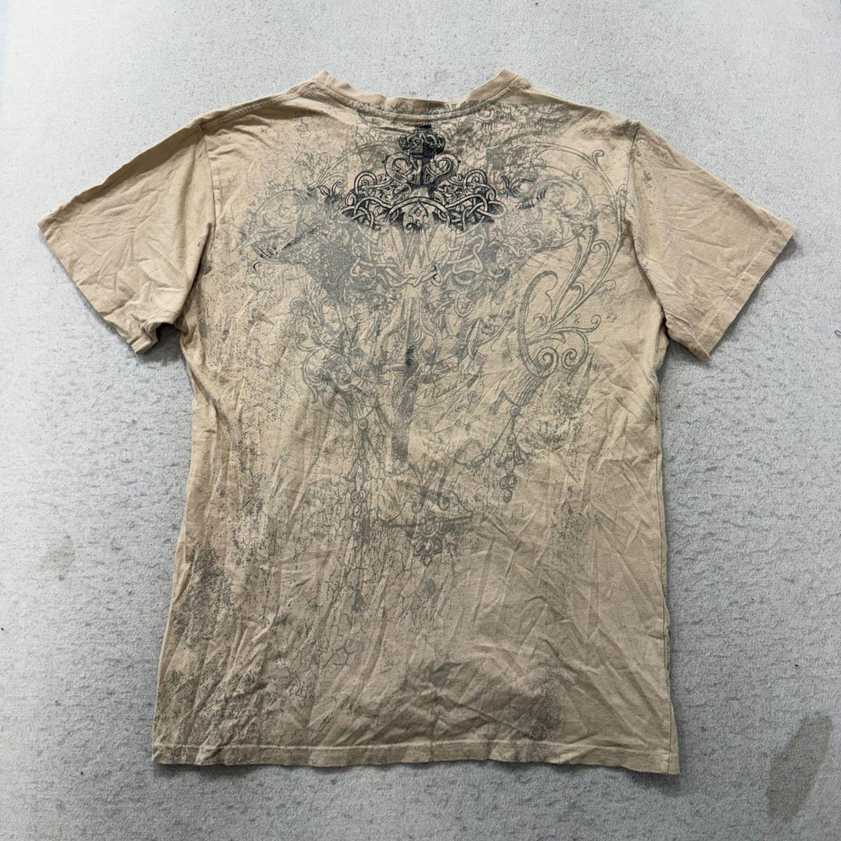 Vintage Y2K 2000's Affliction Beige Distressed Faded Graphic Tee