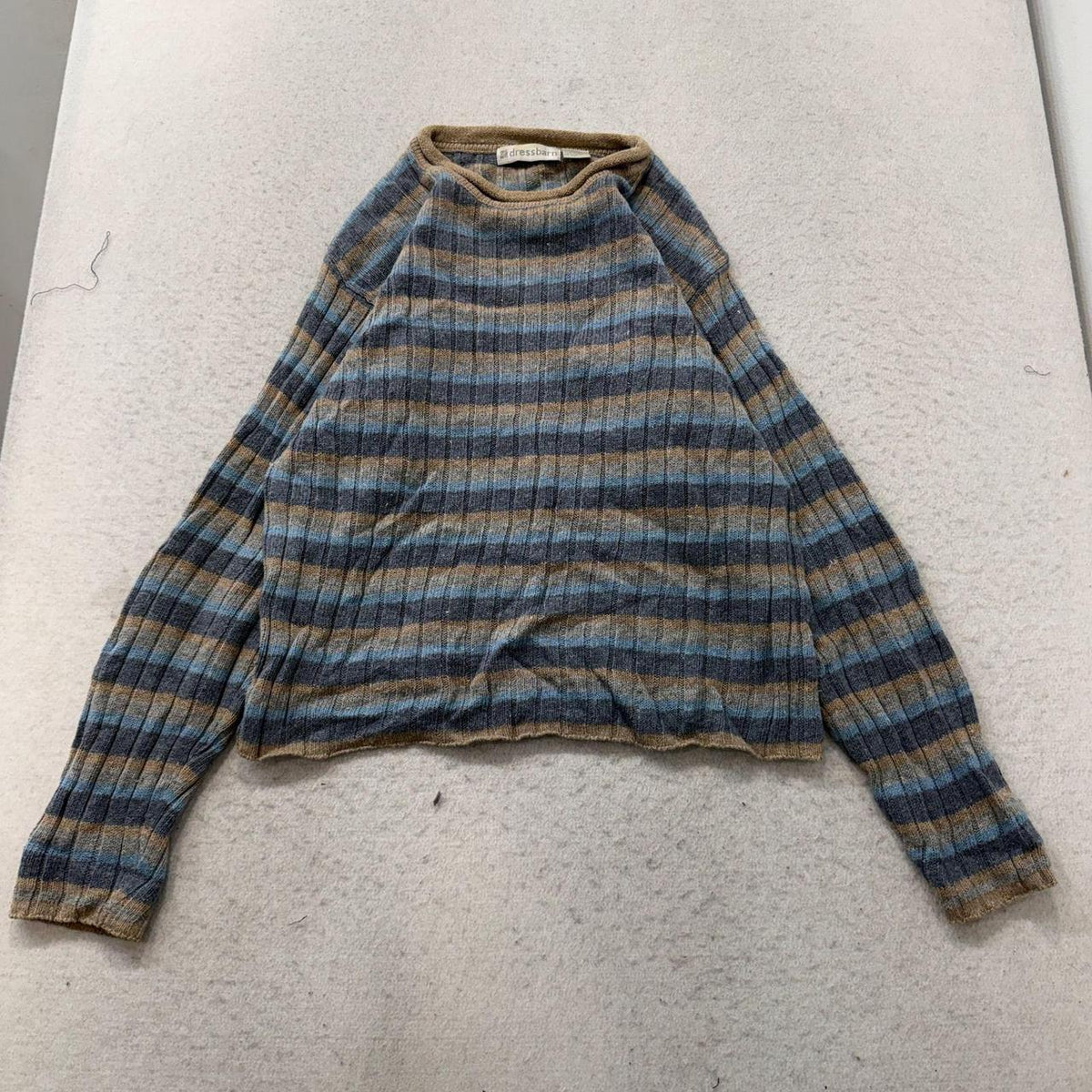 Vintage Y2K 2000's Women's Dressbarn Blue Striped Boxy Ribbed Sweater