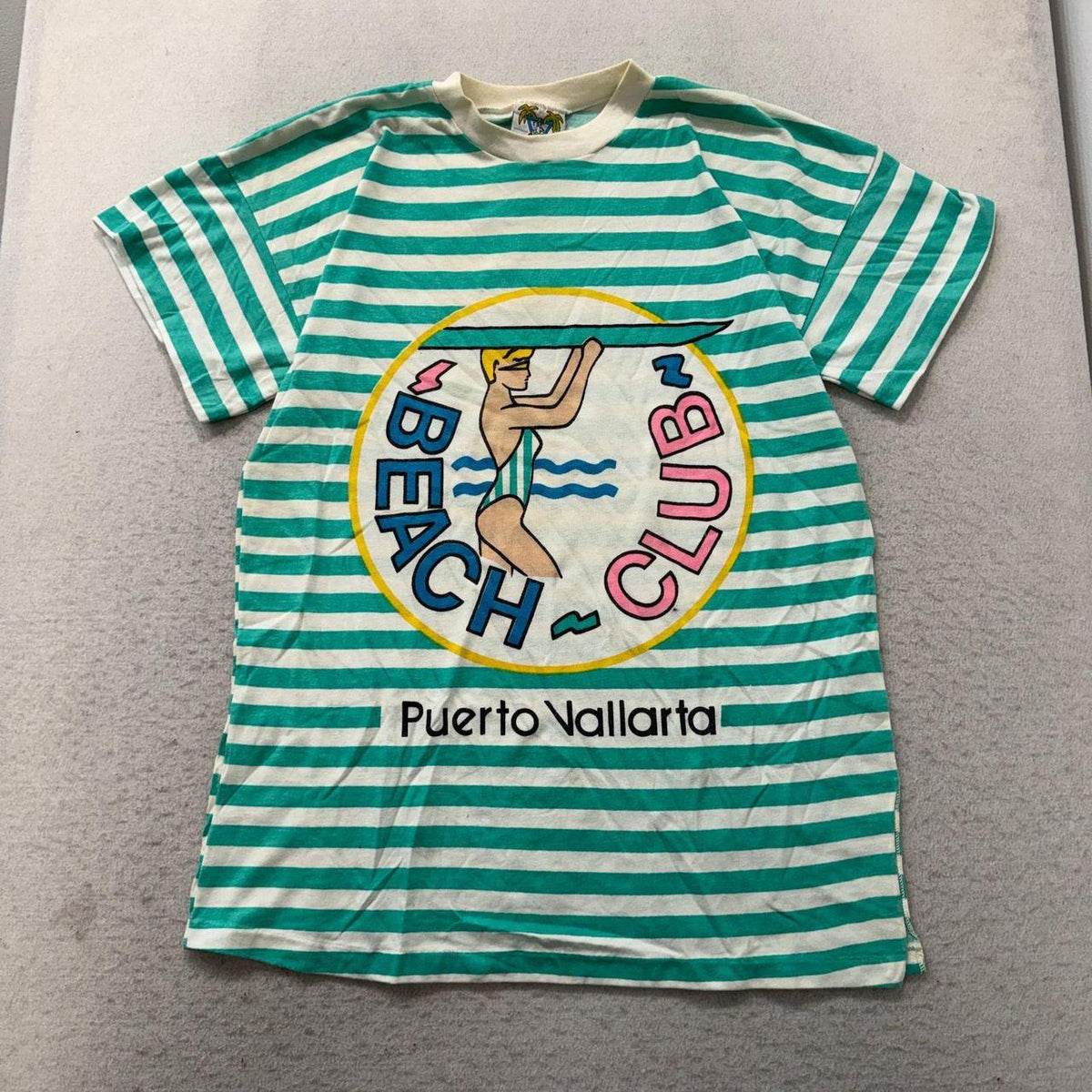 Vintage Y2K 2000's Teal Stripe Graphic Beach Club Surfer Tee