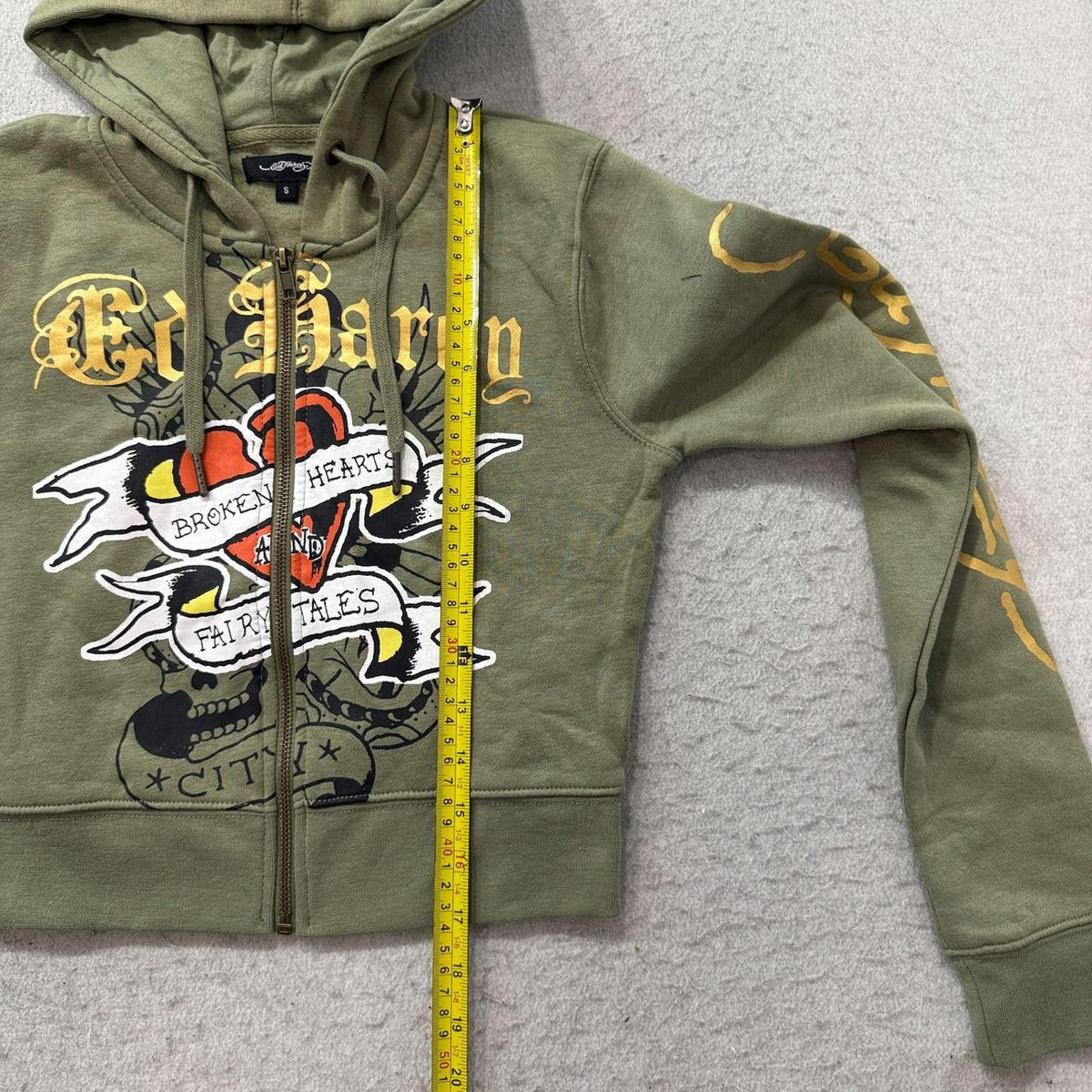 Vintage Y2K 2000's Ed Hardy Sage Green Graphic Zip Up Cropped Hoodie