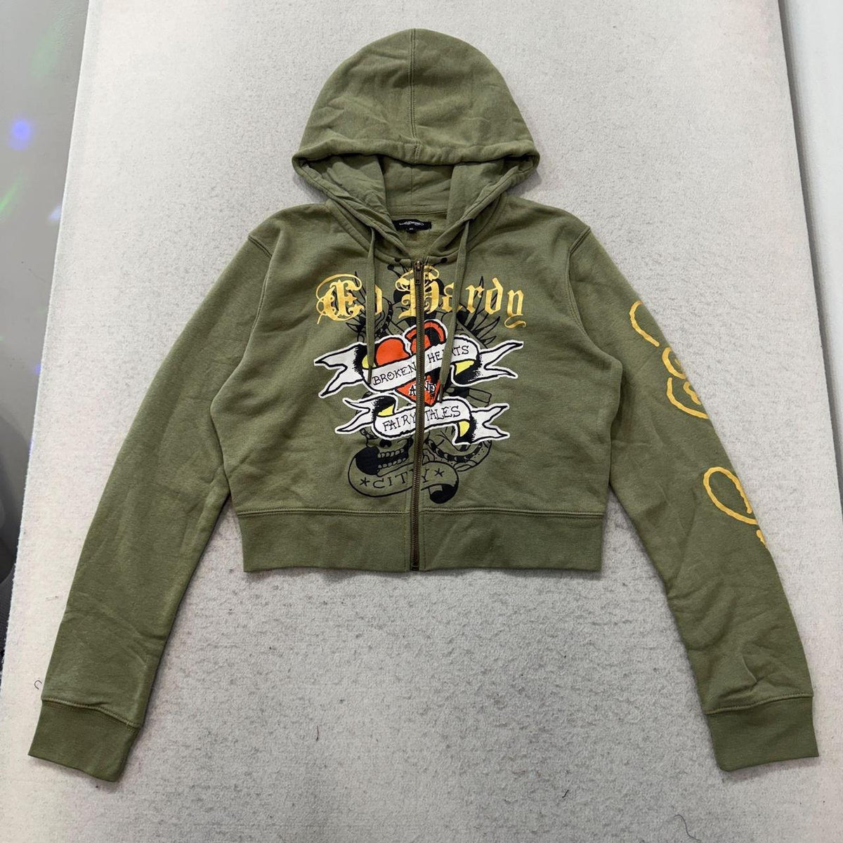 Vintage Y2K 2000's Women's Ed Hardy Olive Green Oversized Graphic Zip Up Hoodie